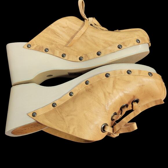 Kelsi Dagger Clogs Tan Leather Lace Up Wedge Wood Heel Mule Slip On Retro Size 9 - Picture 8 of 15